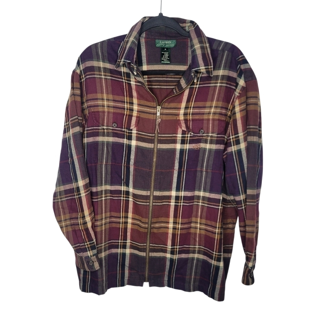Lauren Ralph Lauren Plaid Full Zip Front Pocket Flannel Jacket Size Medium